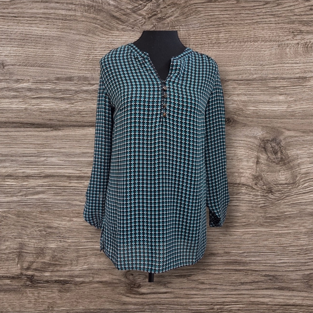 Laundry By Shelli Segal Green And Blue Geometeic Design Blouse Size XS